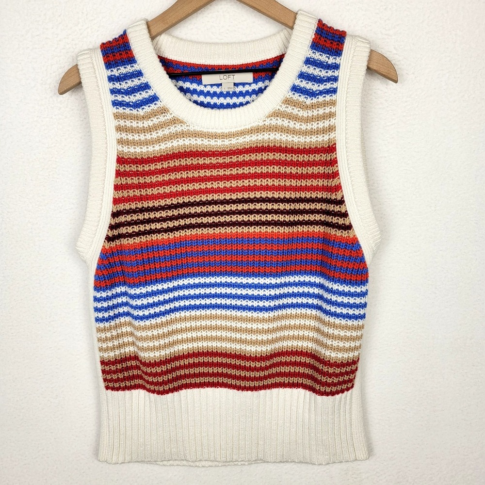 LOFT Striped Knit V-Neck Sweater Tank in Cream, Red, Blue, Tan